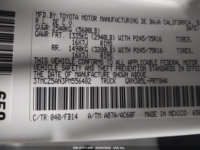 2023 TOYOTA TACOMA VIN: 3TMCZ5AN3PM556482