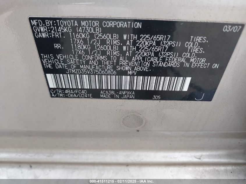 2007 Toyota Rav4 VIN: JTMZD35V375060806 Lot: 41511215
