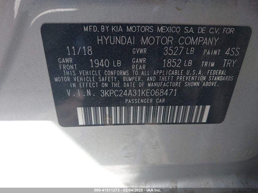 2019 HYUNDAI ACCENT VIN: 3KPC24A31KE068471