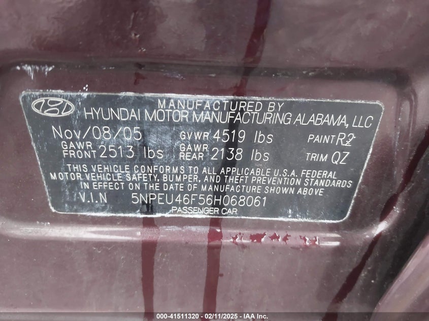 2006 HYUNDAI SONATA VIN: 5NPEU46F56H068061