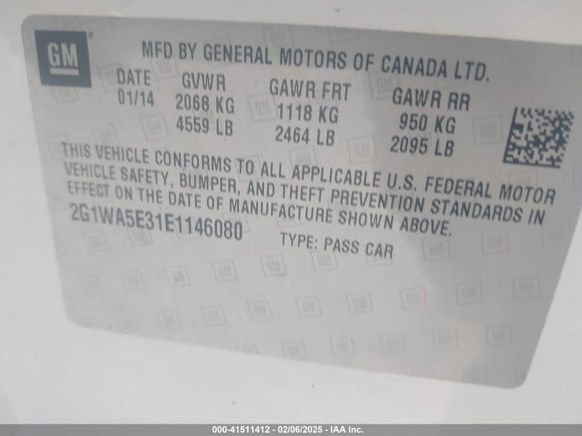 2014 CHEVROLET IMPALA LIMITED VIN: 2G1WA5E31E1146080