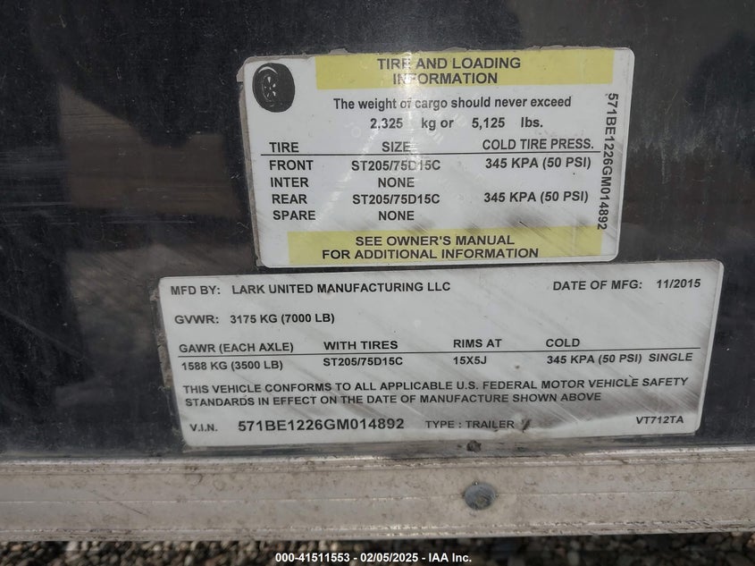 2016 LARK V NOSE TRAILER VIN: 571BE1226GM014892