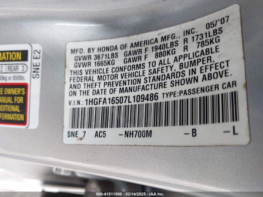 2007 Honda Civic Lx VIN: 1HGFA16507L109486 Lot: 41511598