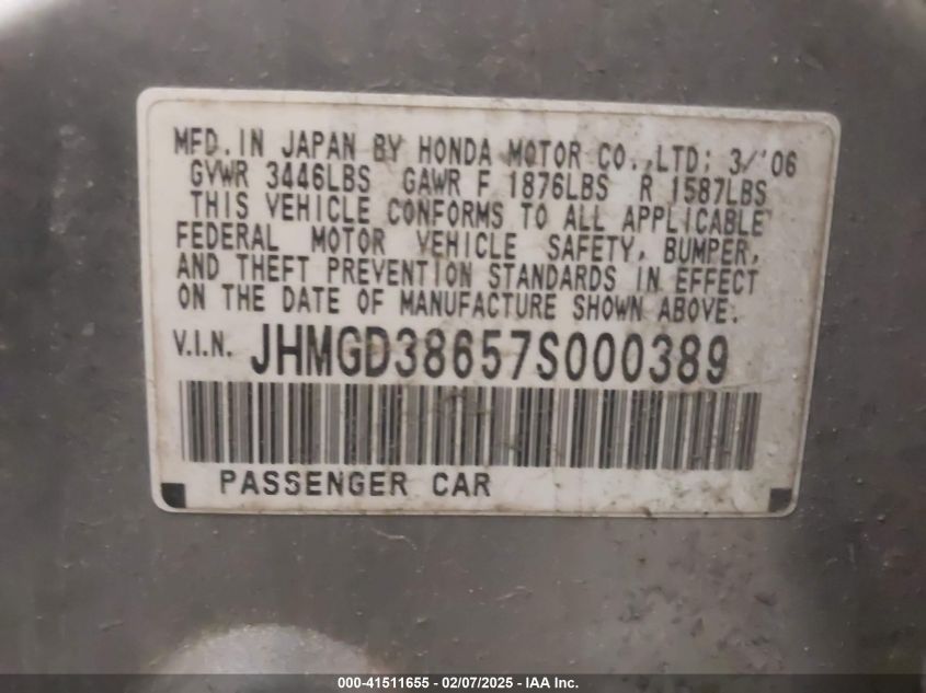 2007 Honda Fit Sport VIN: JHMGD38657S000389 Lot: 41511655