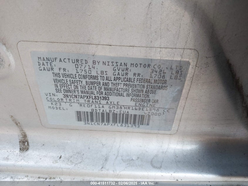 2015 NISSAN VERSA VIN: 3N1CN7APXFL831393