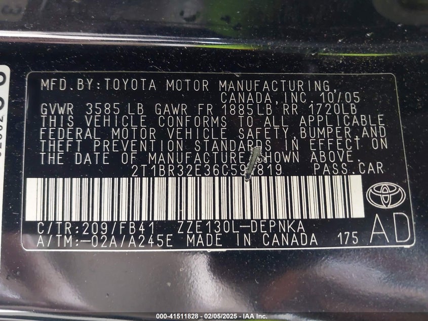 2006 TOYOTA COROLLA VIN: 2T1BR32E36C591819