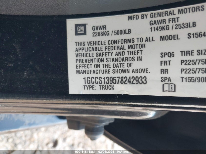 2007 CHEVROLET COLORADO VIN: 1GCCS139578242933