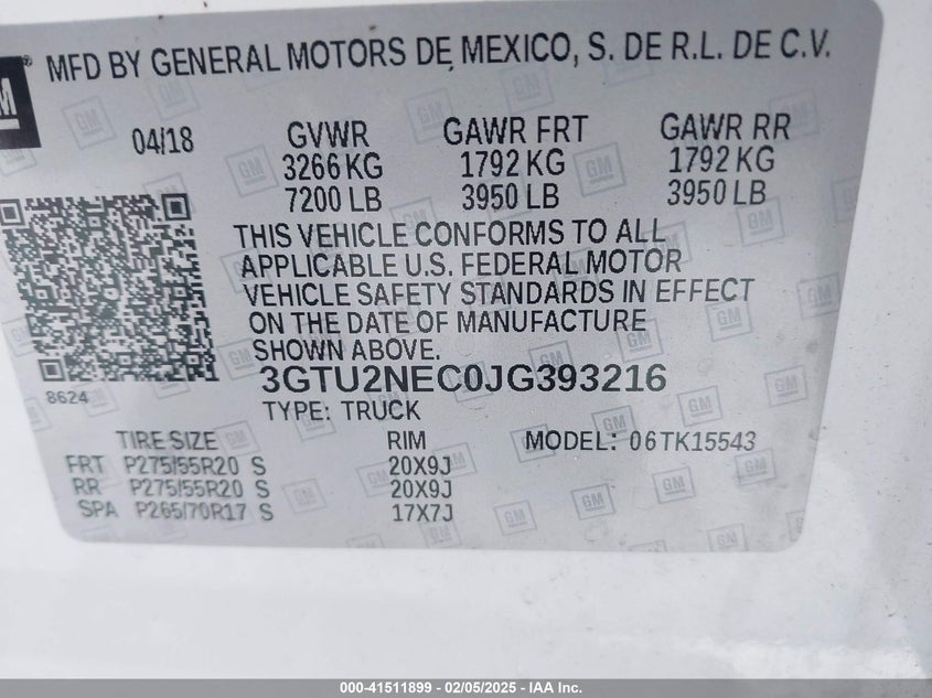 2018 GMC SIERRA 1500 VIN: 3GTU2NEC0JG393216