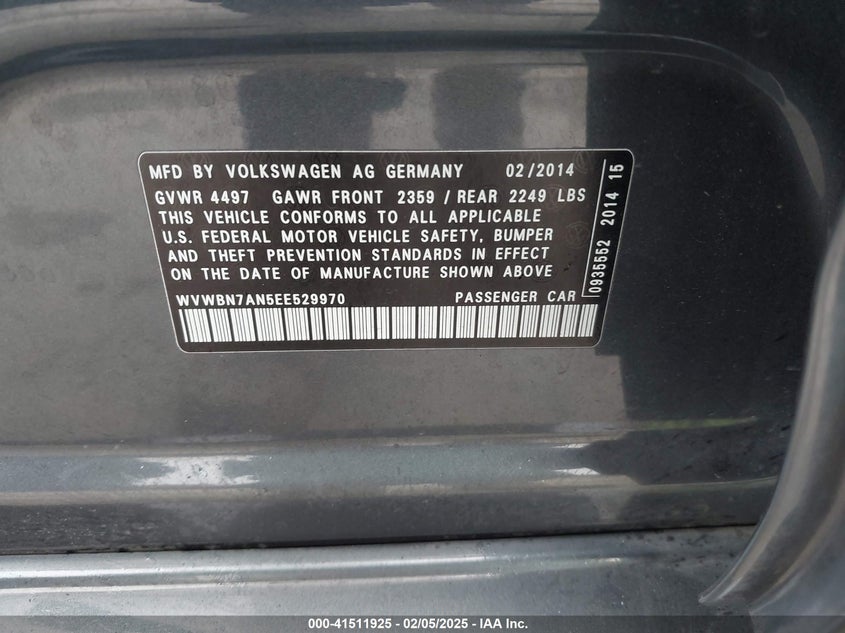 2014 VOLKSWAGEN CC VIN: WVWBN7AN5EE529970