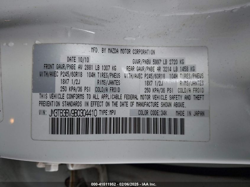 2011 Mazda Cx-9 VIN: JM3TB3BV9BC304410 Lot: 41511952