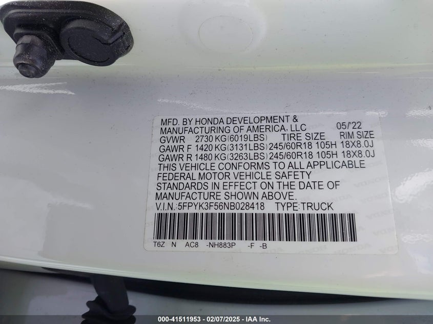 VIN 5FPYK3F56NB028418 2022 HONDA RIDGELINE RTL
