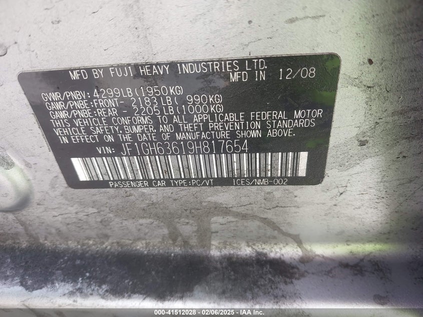 2009 SUBARU IMPREZA OUTBACK SPORT VIN: JF1GH63619H817654