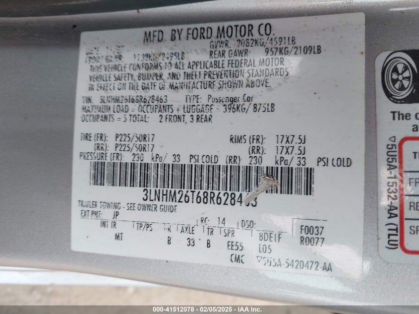 2008 LINCOLN MKZ VIN: 3LNHM26T68R628463