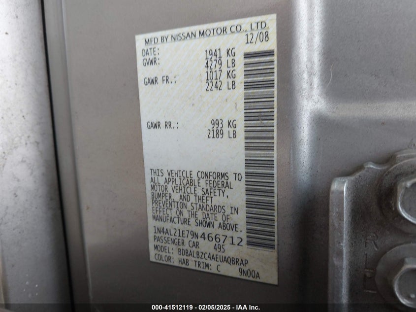 2009 NISSAN ALTIMA VIN: 1N4AL21E79N466712