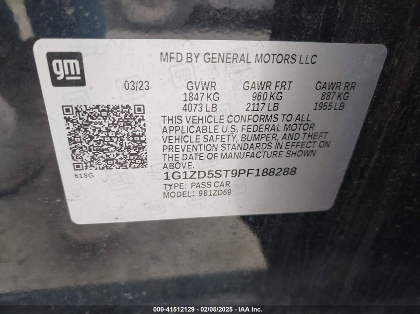 2023 CHEVROLET MALIBU VIN: 1G1ZD5ST9PF188288
