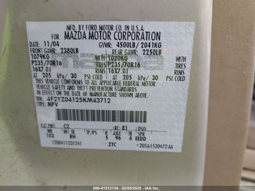 2005 Mazda Tribute S VIN: 4F2YZ04125KM43712 Lot: 41512134