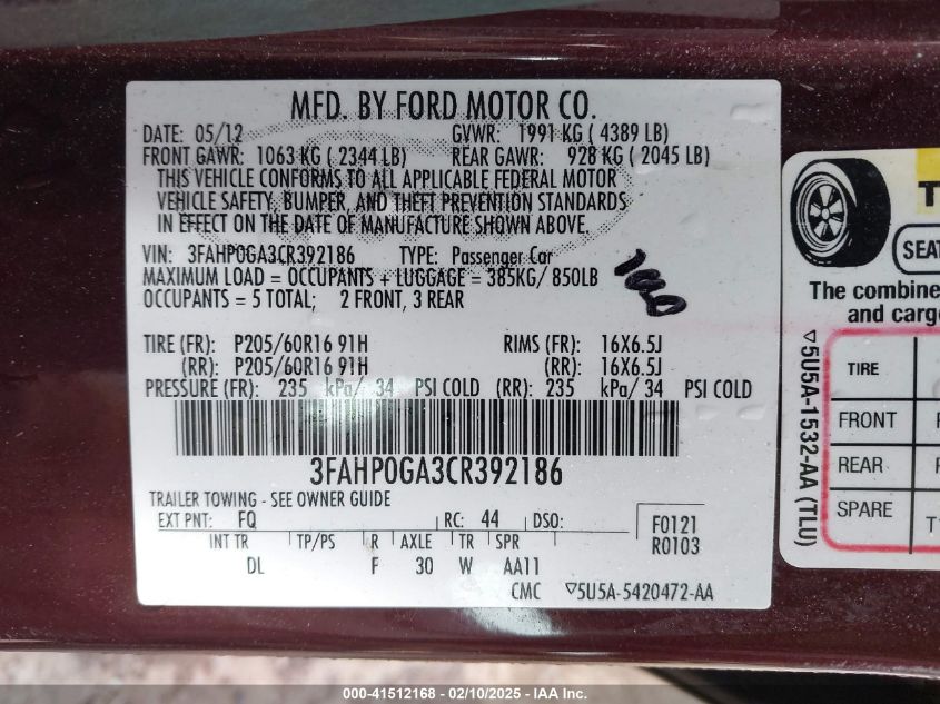 2012 Ford Fusion S VIN: 3FAHP0GA3CR392186 Lot: 41512168