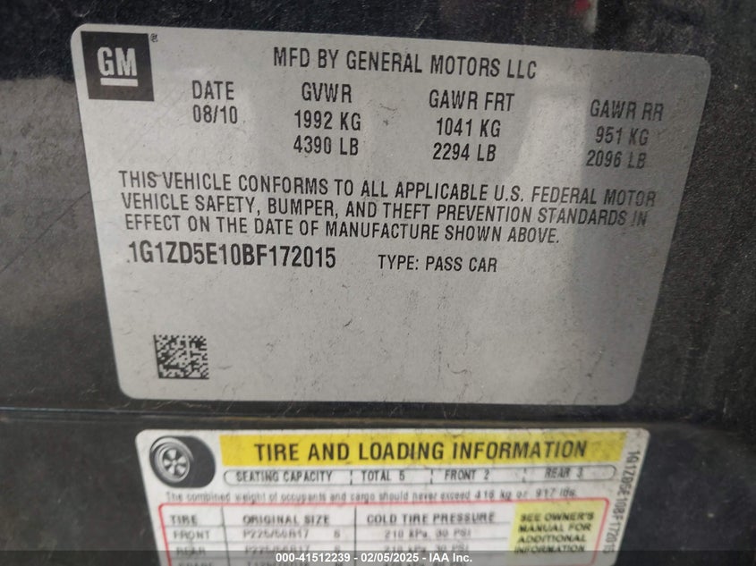 2011 CHEVROLET MALIBU VIN: 1G1ZD5E10BF172015