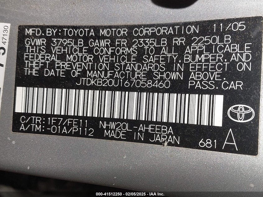 2006 TOYOTA PRIUS VIN: JTDKB20U167058460