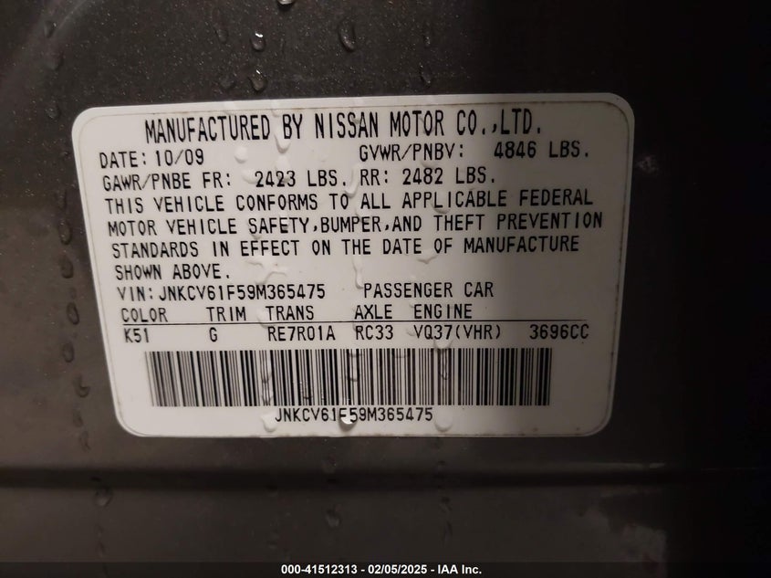 2009 INFINITI G37X VIN: JNKCV61F59M365475