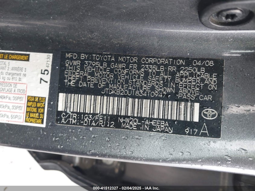 2008 TOYOTA PRIUS VIN: JTDKB20U183410947