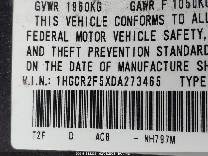 2013 HONDA ACCORD VIN: 1HGCR2F5XDA273465