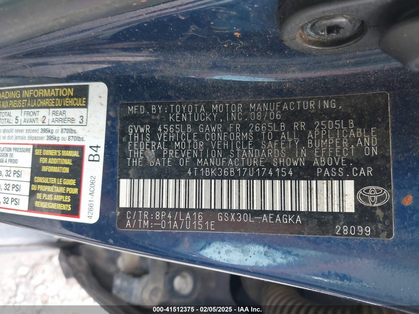 2007 TOYOTA AVALON VIN: 4T1BK36B17U174154
