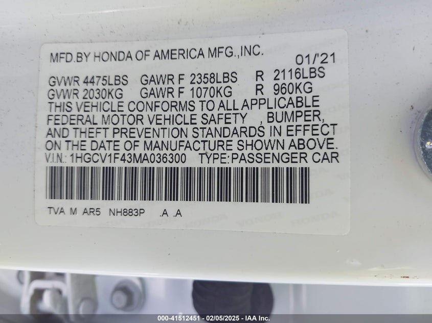 2021 HONDA ACCORD VIN: 1HGCV1F43MA036300