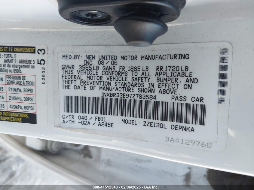 2007 TOYOTA COROLLA VIN: 1NXBR32E97Z783584