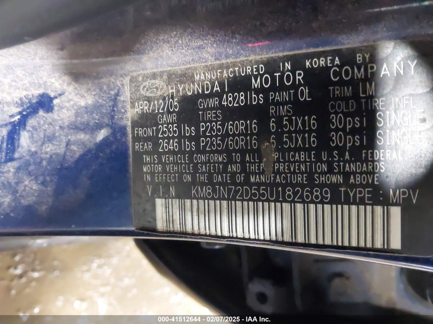 2005 Hyundai Tucson Gls/Lx VIN: KM8JN72D55U182689 Lot: 41512644