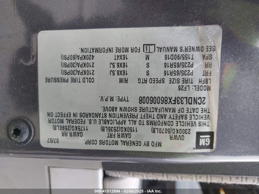 2008 Chevrolet Equinox Lt VIN: 2CNDL33FX86006008 Lot: 41512894