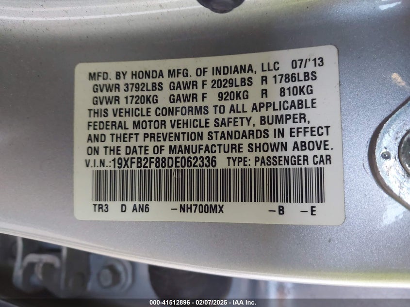 2013 HONDA CIVIC VIN: 19XFB2F88DE062336