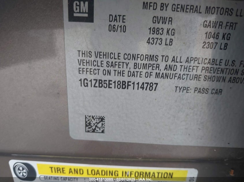 2011 CHEVROLET MALIBU VIN: 1G1ZB5E18BF114787