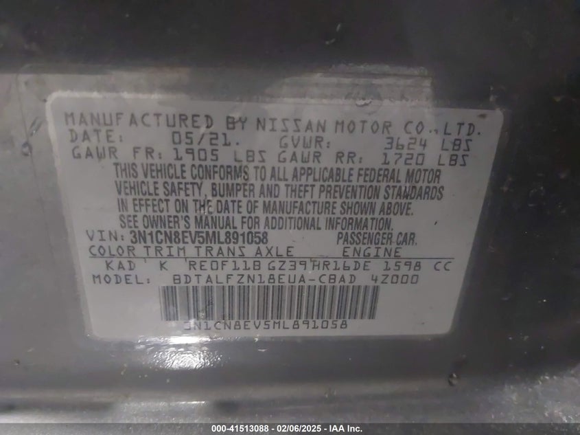2021 NISSAN VERSA VIN: 3N1CN8EV5ML891058
