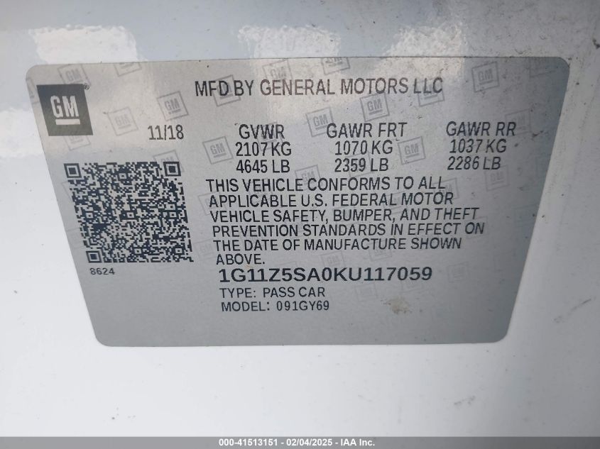 2019 Chevrolet Impala Lt VIN: 1G11Z5SA0KU117059 Lot: 41513151