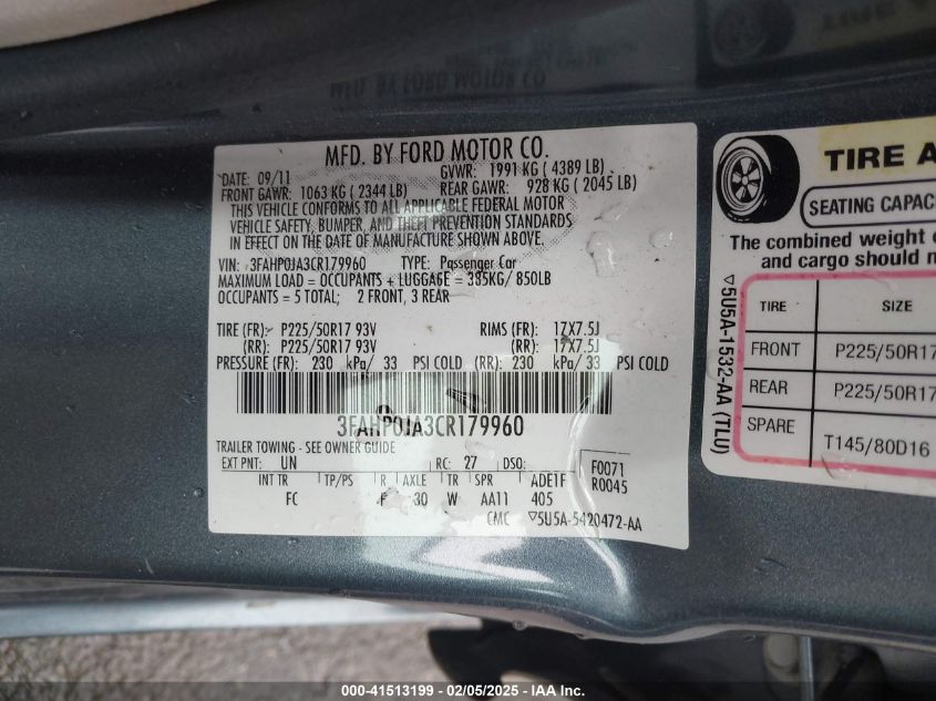 2012 Ford Fusion Sel VIN: 3FAHP0HG2CR432941 Lot: 41513199