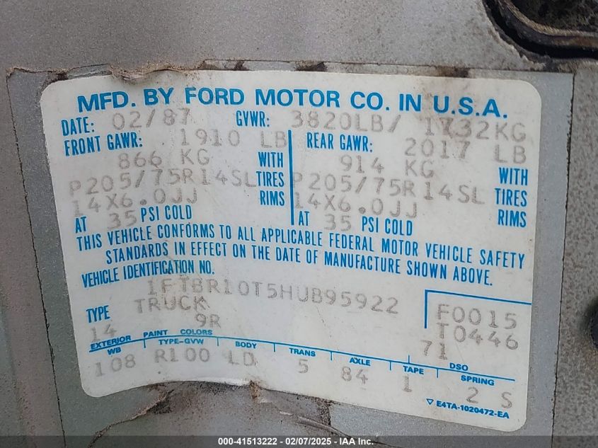 1987 Ford Ranger VIN: 1FTBR10T5HUB95922 Lot: 41513222