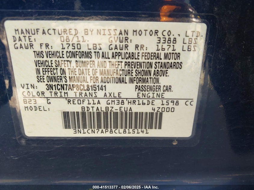 2012 NISSAN VERSA VIN: 3N1CN7AP8CL815141