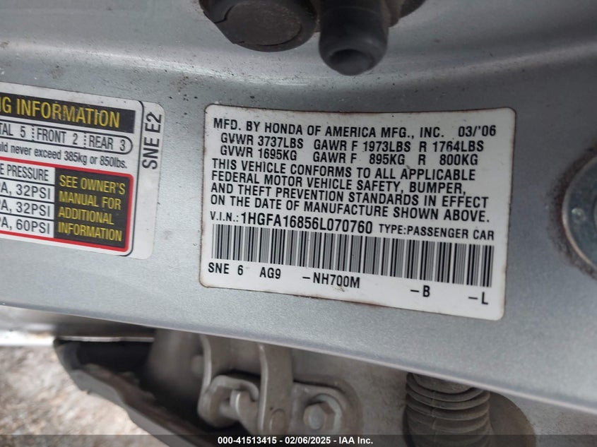 2006 HONDA CIVIC VIN: 1HGFA16856L070760