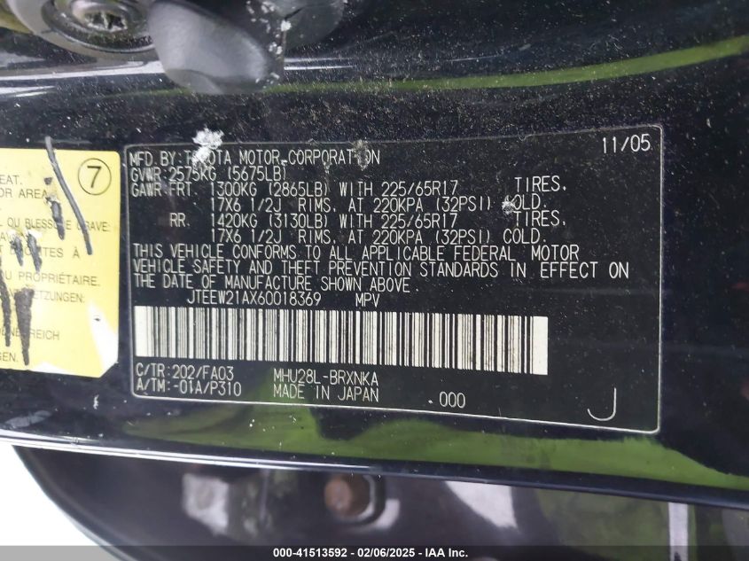 2006 Toyota Highlander Hybrid V6 VIN: JTEEW21AX60018369 Lot: 41513592