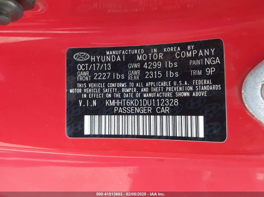 2013 Hyundai Genesis 2.0T R-Spec VIN: KMHHT6KD1DU112328 Lot: 41513663