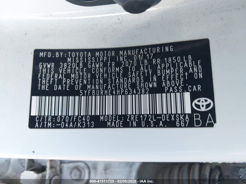 2017 TOYOTA COROLLA VIN: 5YFBURHE4HP634382