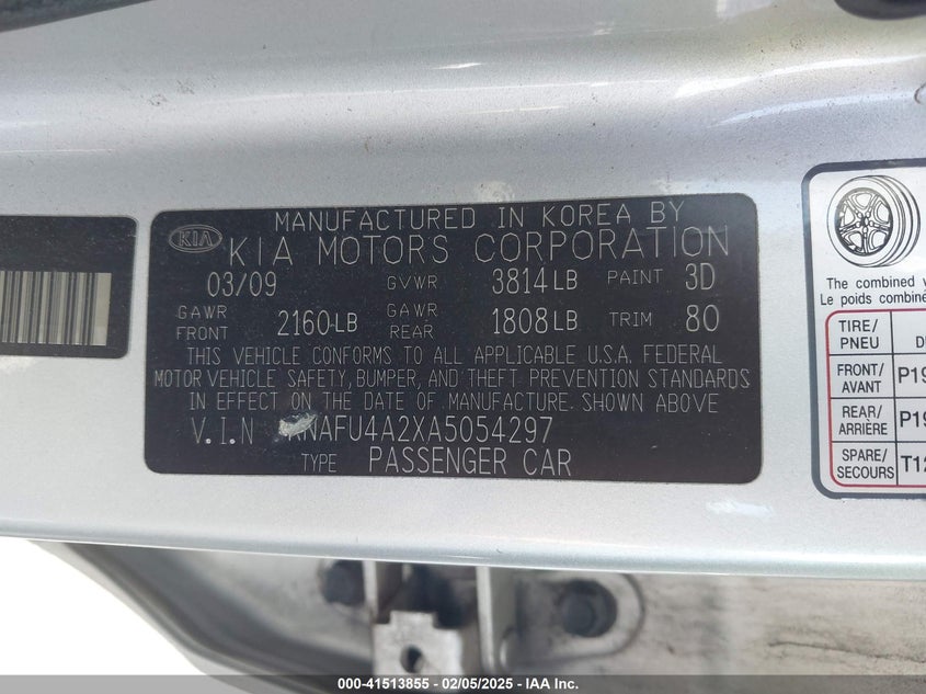 2010 KIA FORTE VIN: KNAFU4A2XA5054297
