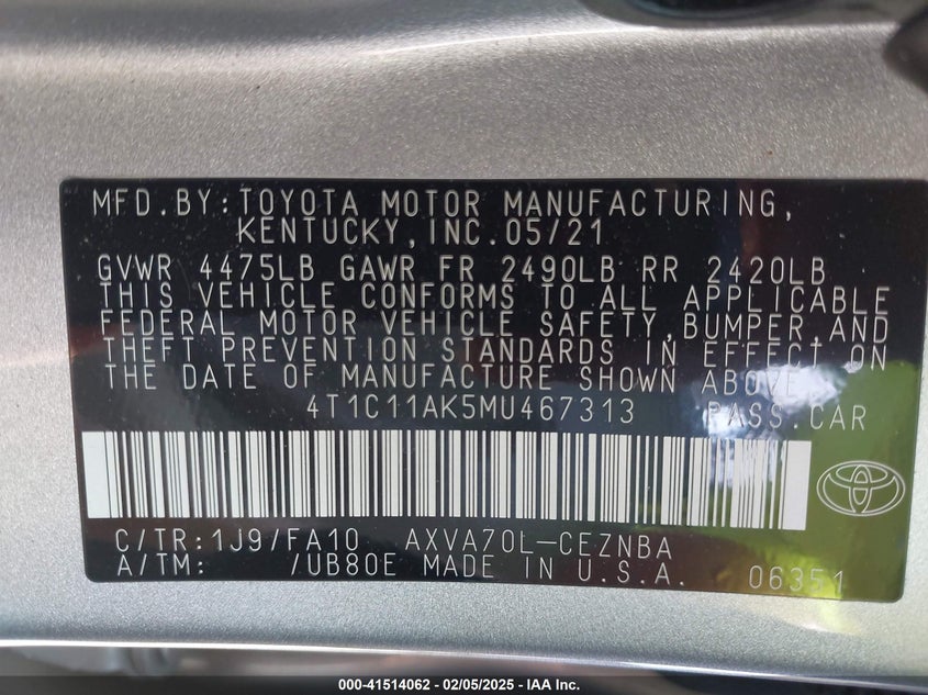 2021 TOYOTA CAMRY VIN: 4T1C11AK5MU467313