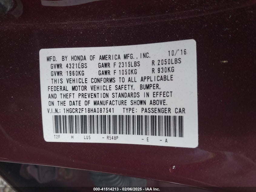 2017 HONDA ACCORD VIN: 1HGCR2F18HA087541