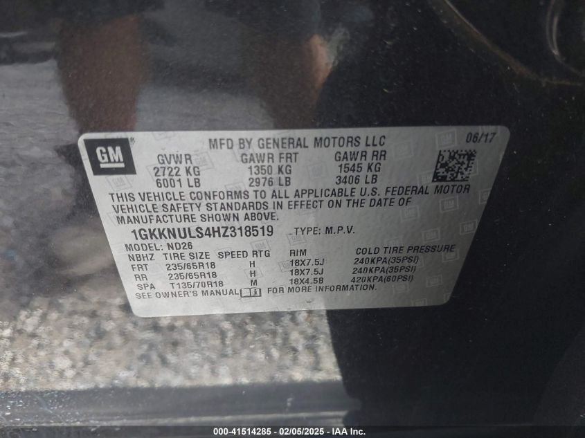 2017 GMC Acadia Slt-1 VIN: 1GKKNULS4HZ318519 Lot: 41514285