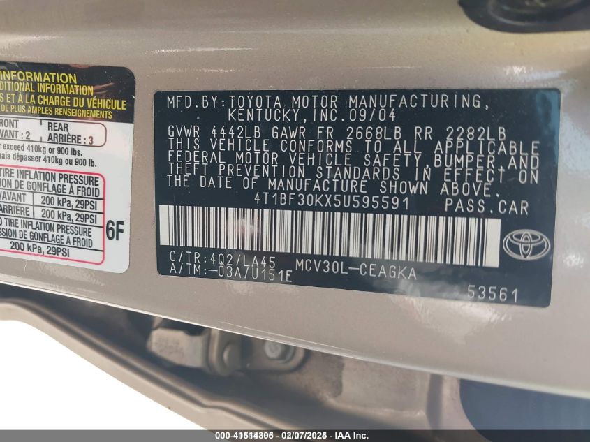 2005 Toyota Camry Xle V6 VIN: 4T1BF30KX5U595591 Lot: 41514305