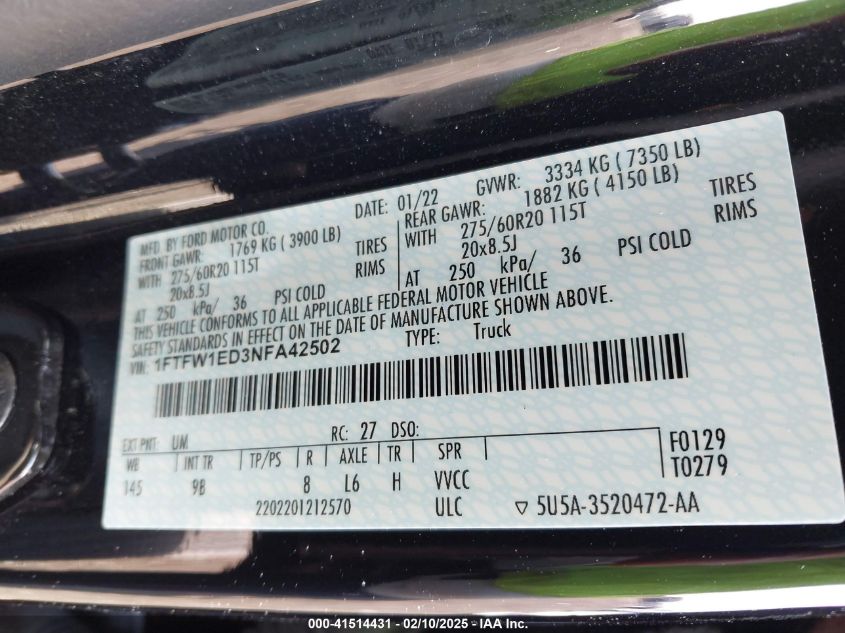 2022 Ford F-150 Platinum VIN: 1FTFW1ED3NFA42502 Lot: 41514431