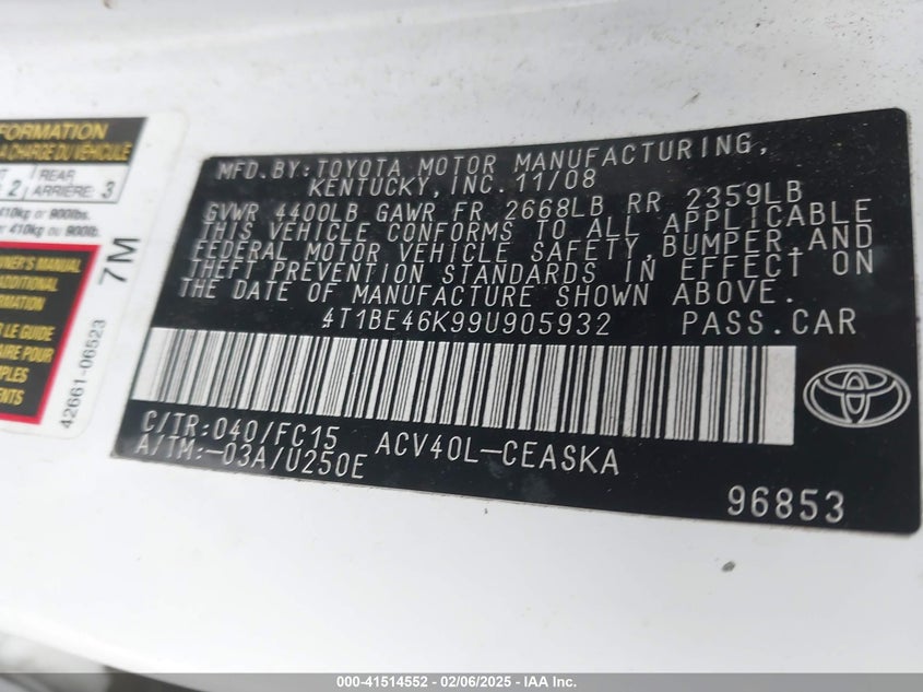2009 TOYOTA CAMRY VIN: 4T1BE46K99U905932