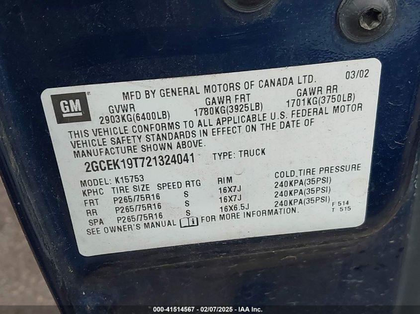 2002 Chevrolet Silverado 1500 Ls VIN: 2GCEK19T721324041 Lot: 41514567